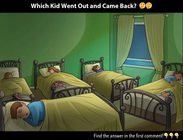 The kids at the sleepover party are fast asleep in their beds, but can you spot the one who left the room?